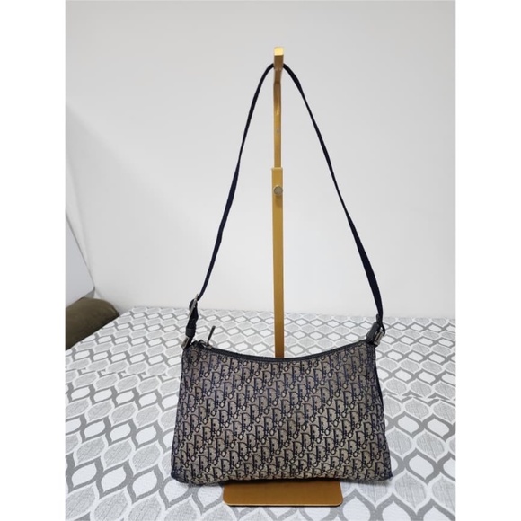 Authentic Christian Dior Vintage Oblique Canvas Baguette/Shoulder Bag Black/Grey - Picture 1 of 15